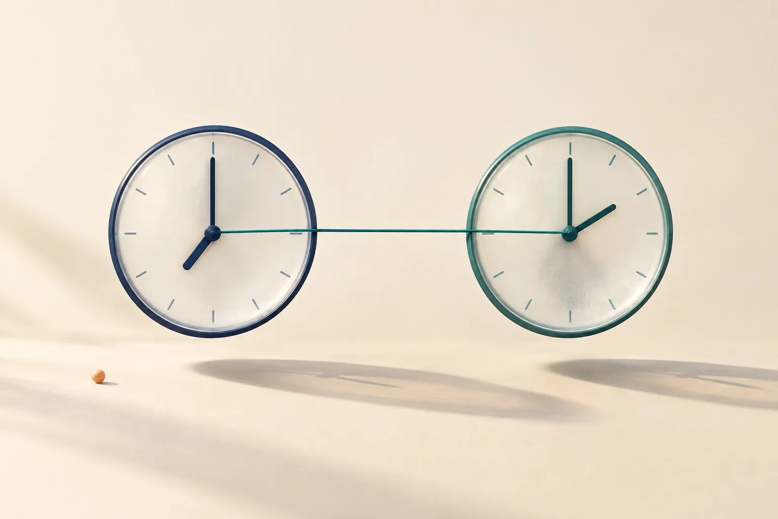 Two unnumbered clock faces showing different times are linked by a teal cord on an ivory background.