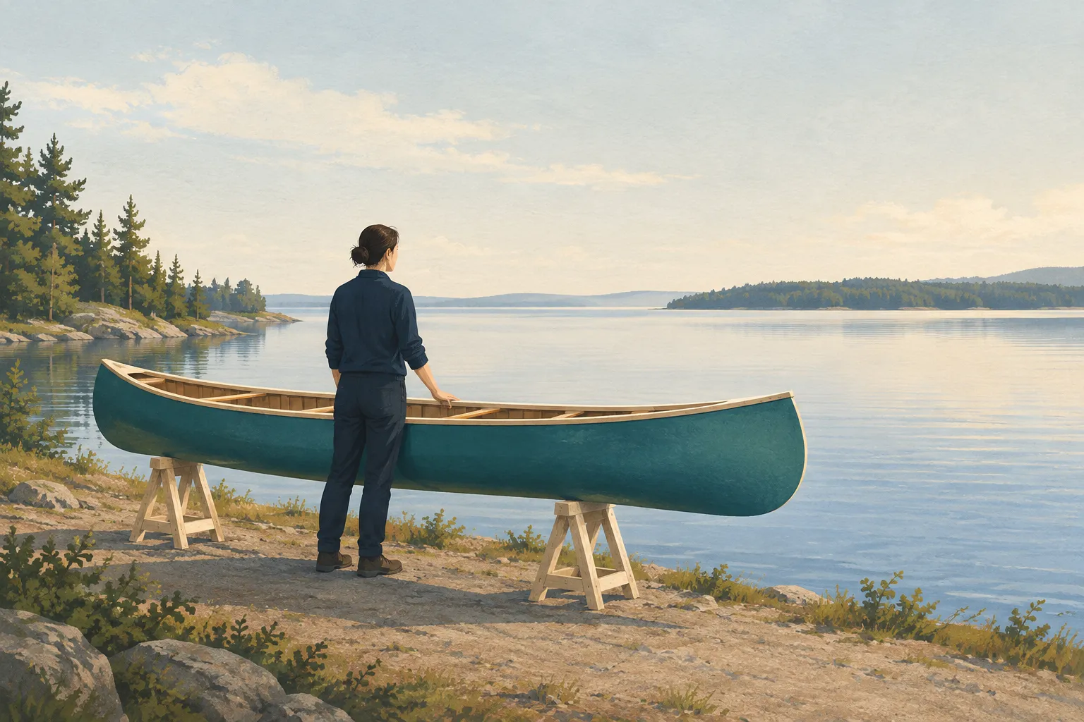 A person in navy rests a hand on a teal canoe supported by wooden trestles beside a quiet lake.