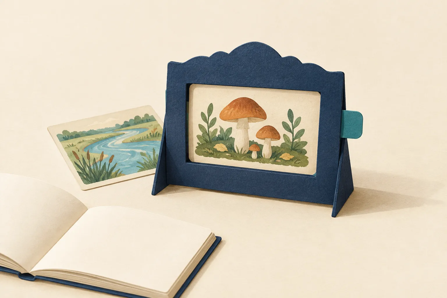 A navy paper theatre shows mushrooms, with a teal side tab, a river scene card and an open book beside it.