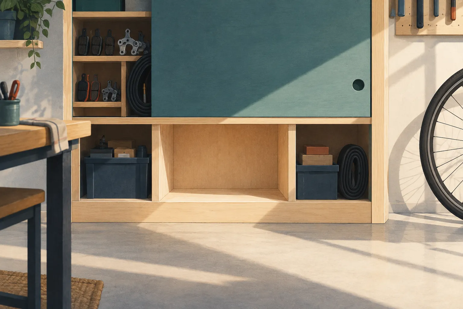 A teal sliding panel partly covers a bicycle-parts cabinet, leaving an empty cubby visible.