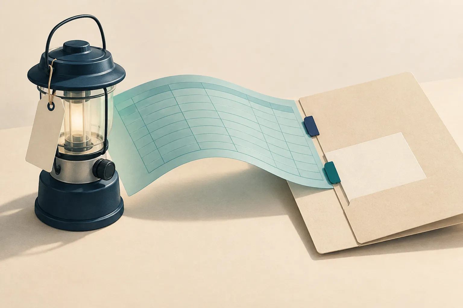 A camping lantern and its blank inventory tag sit beside a teal sheet curving into an open folder with a matching explanatory card.