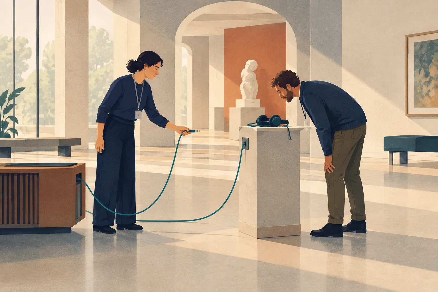 Two museum staff examine a teal audio cable beside headphones on an exhibit pedestal.