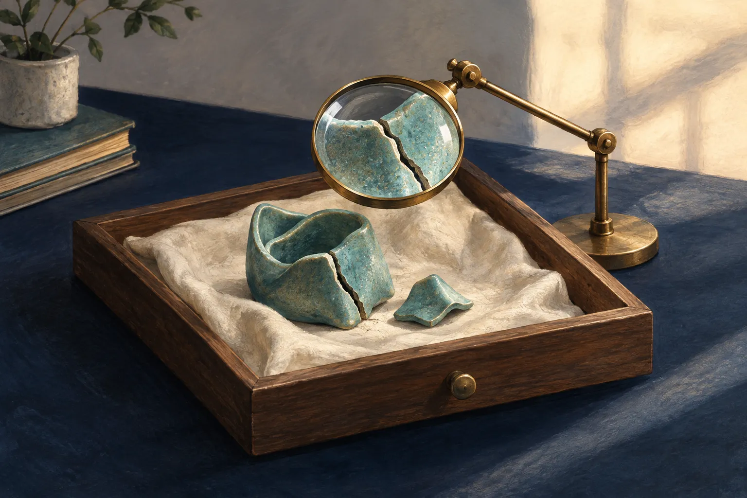 A brass magnifier enlarges the crack in a teal ceramic test piece, with a matching fragment beside it in an ivory-lined open wooden drawer.