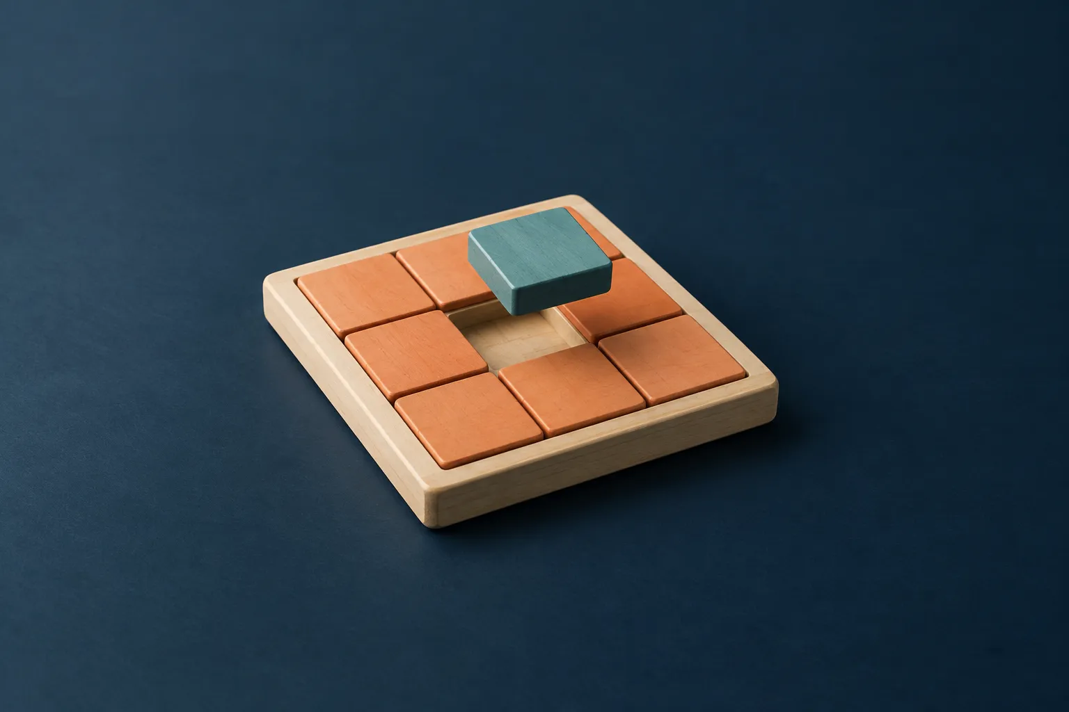 A teal wooden tile hovers above a gap in a tray of apricot tiles on a navy surface.