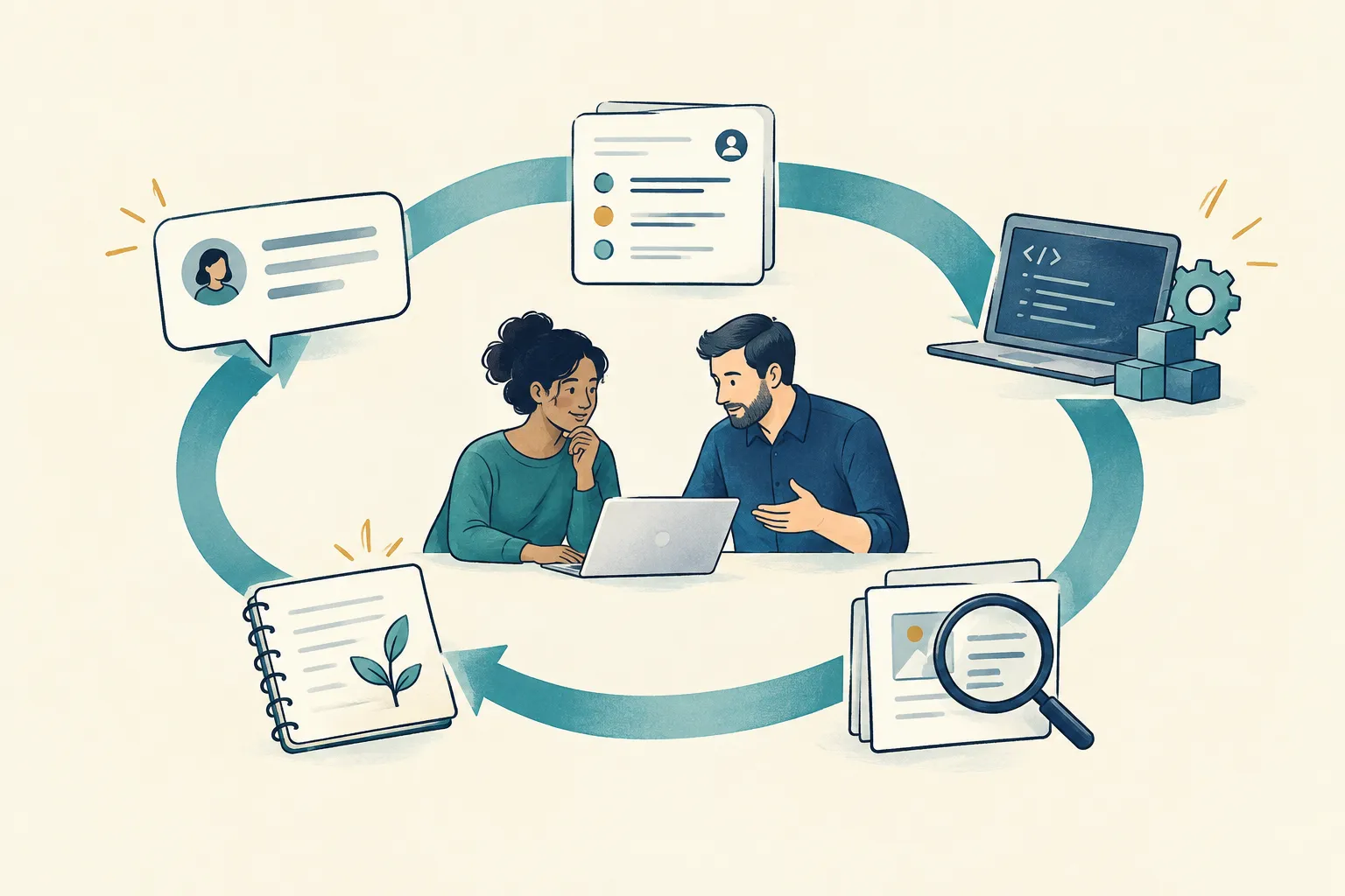 Two people follow a teal feedback loop connecting a customer message, focused work, implementation, evidence and a notebook of lessons.