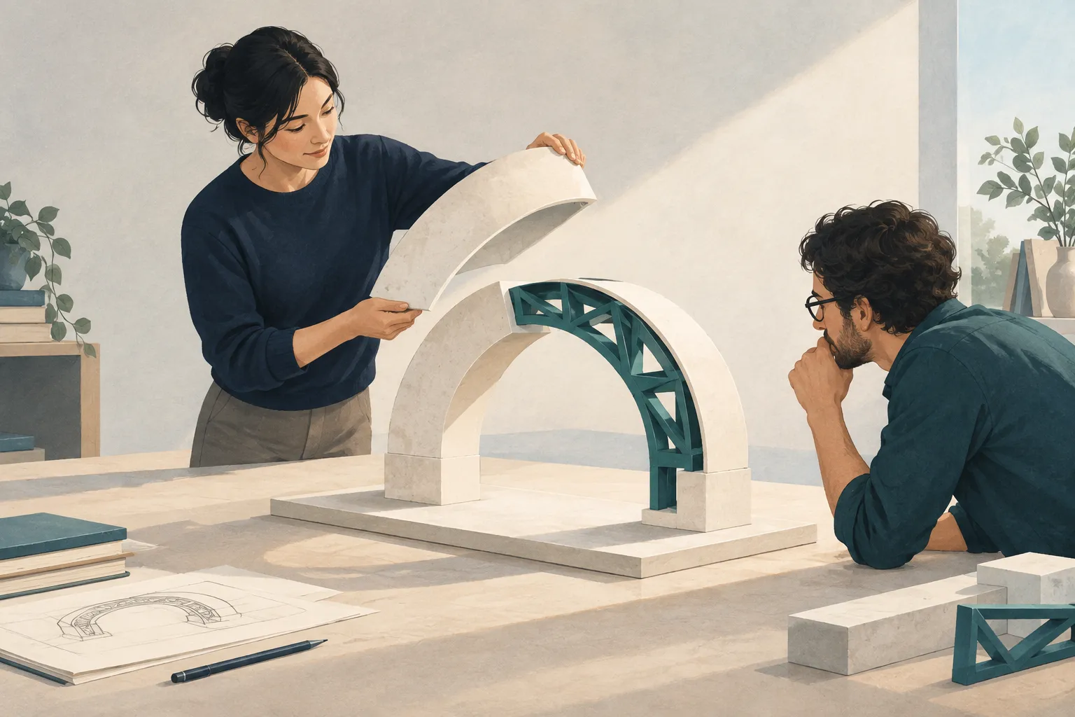One person lifts an ivory cover from an arch model to reveal its teal internal supports while another person inspects the structure.
