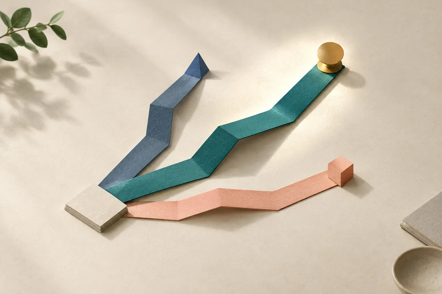 Three folded paper paths extend from a shared square on an ivory tabletop; a teal path ends at a brass marker beside navy and coral alternatives.