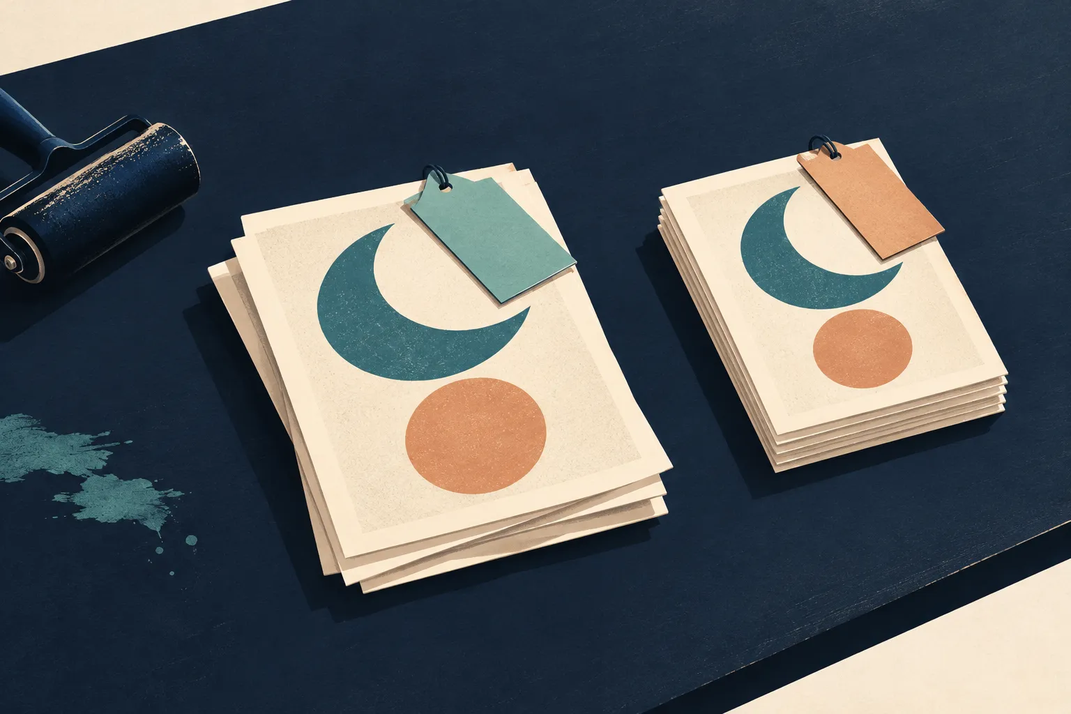 Two groups of identical geometric posters rest on a navy printing table, each paired with a different blank job ticket.