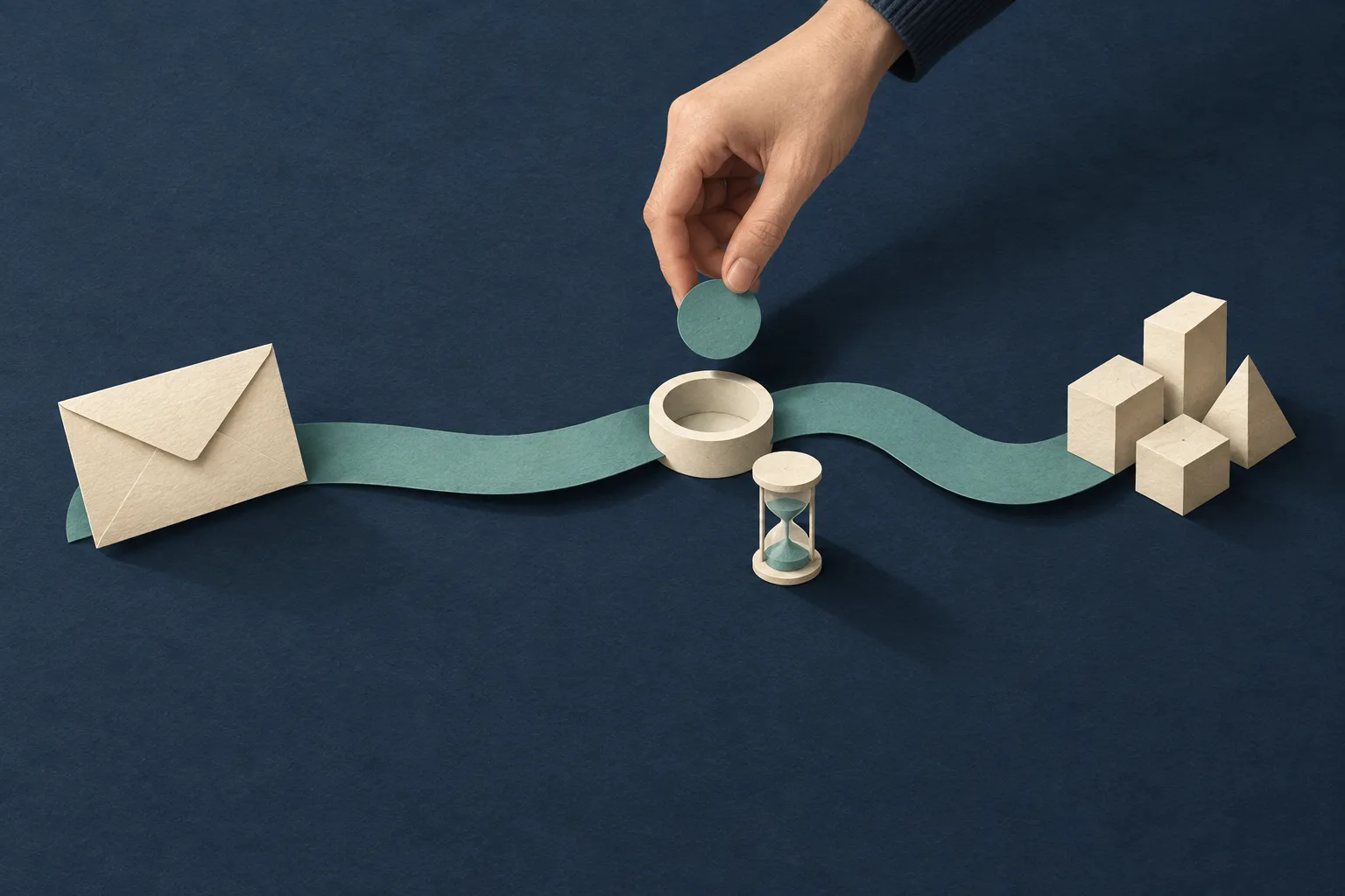 A hand holds a teal disk above an empty ivory ring on a ribbon linking an envelope to blocks, with a small hourglass nearby.