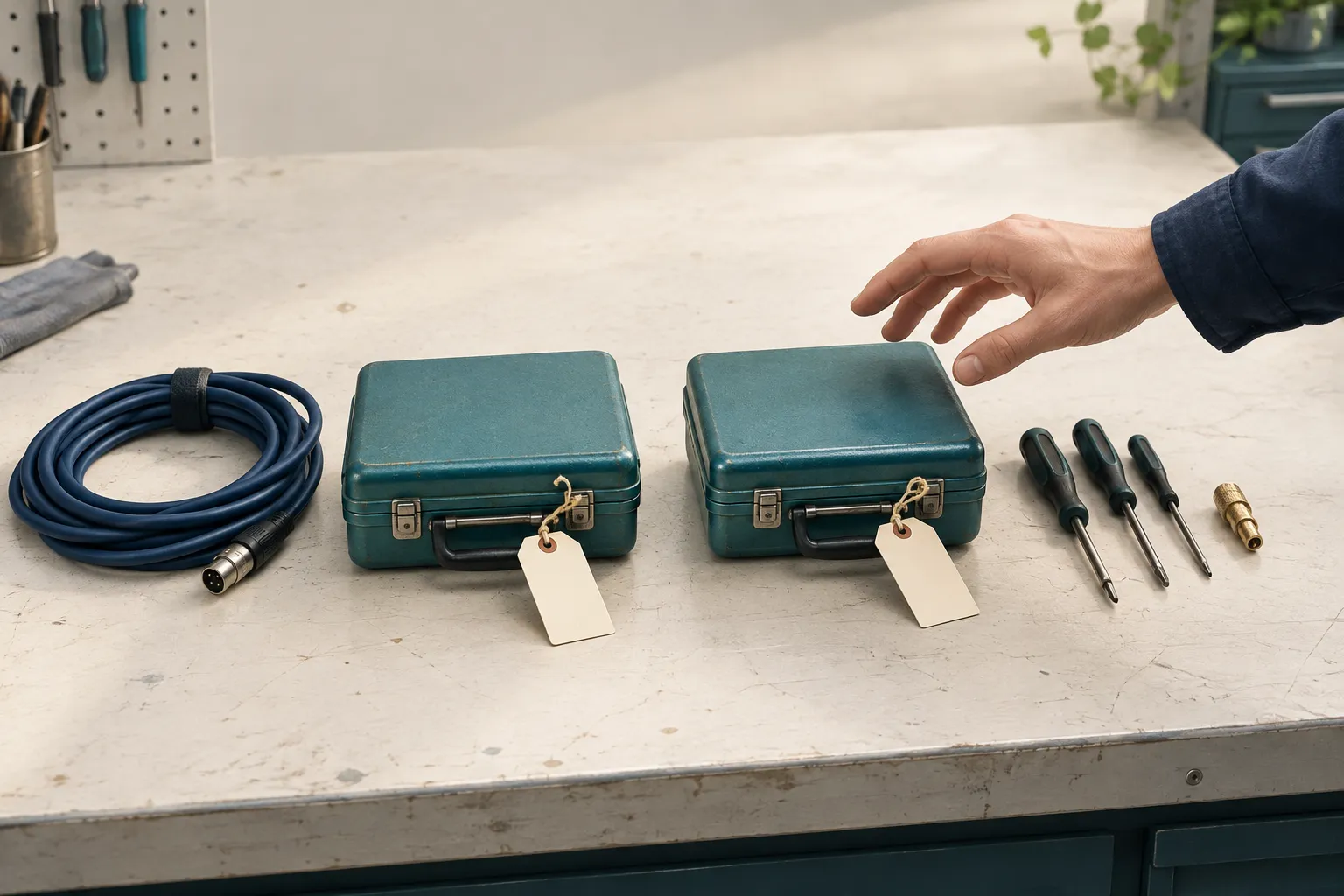 Two teal equipment cases with blank tags sit side by side on an ivory workbench beside a navy cable, tools and a hovering hand.