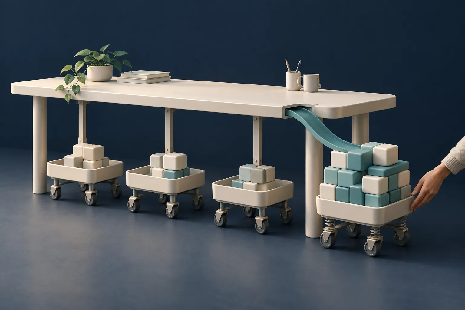 A teal chute carries blocks from an ivory workbench into the most heavily loaded of four wheeled trays, as a hand steadies the tray.