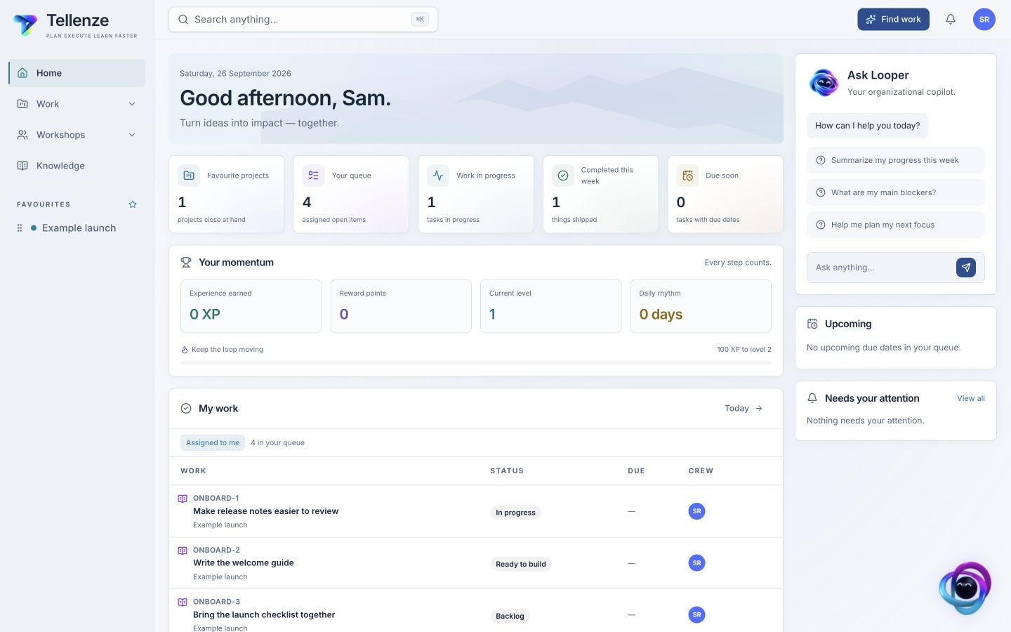 Tellenze Home in a synthetic example workspace: assigned tasks and statuses, with the Example launch project in the navigation. Mobile shows My work and the project.