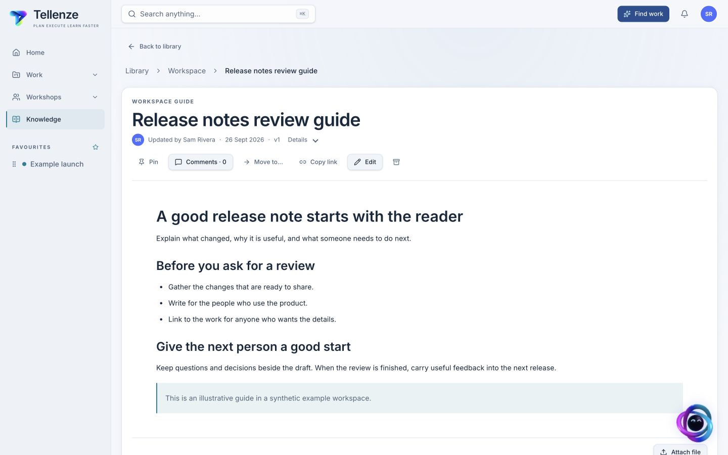 Tellenze Knowledge document, Release notes review guide, with Sam Rivera fixture author metadata and instructions for reviewing a draft.
