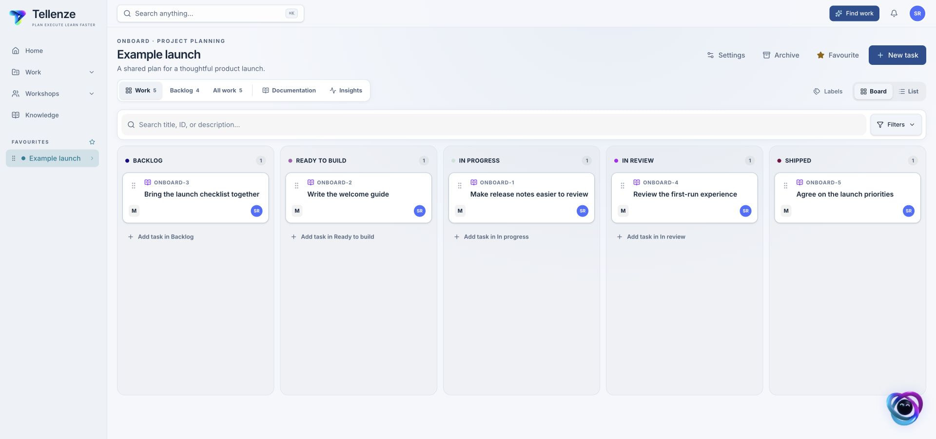 The shipped Tellenze project Work interface: desktop Board with five workflow stages and synthetic tasks, and a mobile List view of the same Example launch project.