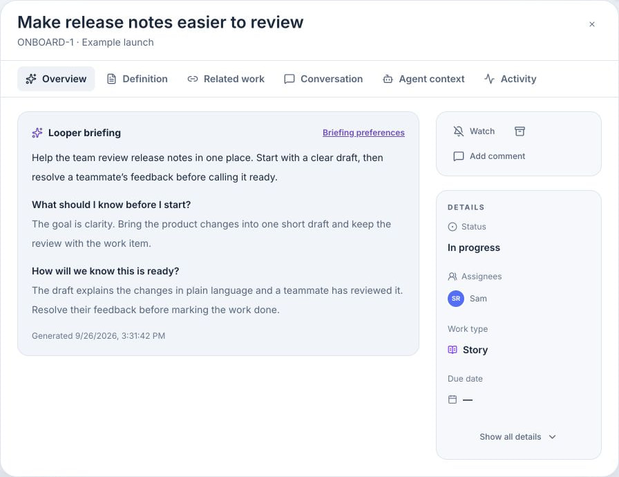 Tellenze work-item Overview with a Looper briefing, a summary and two example answers. Desktop also shows the In progress status and assignee details.